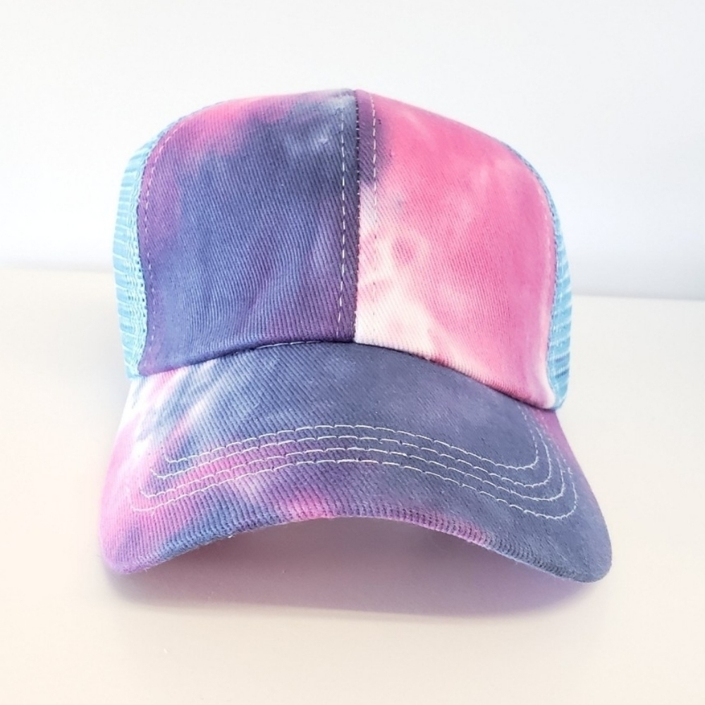 Tie Dye Ponytail Baseball Hat NWOT Navy, Pink, Aqua Mesh Back Trucker Cap